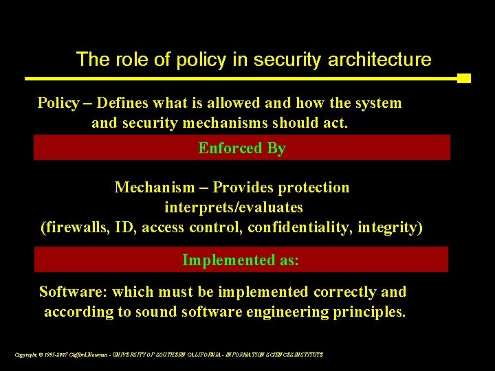 The role of policy in security architecture Policy – Defines what is allowed and