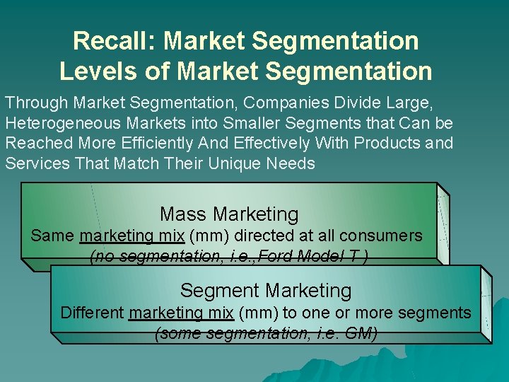 Recall: Market Segmentation Levels of Market Segmentation Through Market Segmentation, Companies Divide Large, Heterogeneous