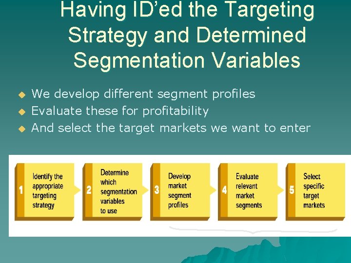 Having ID’ed the Targeting Strategy and Determined Segmentation Variables u u u We develop