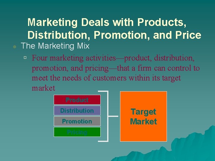 Marketing Deals with Products, Distribution, Promotion, and Price l The Marketing Mix ú Four