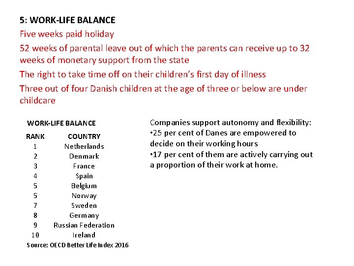 5: WORK-LIFE BALANCE Five weeks paid holiday 52 weeks of parental leave out of