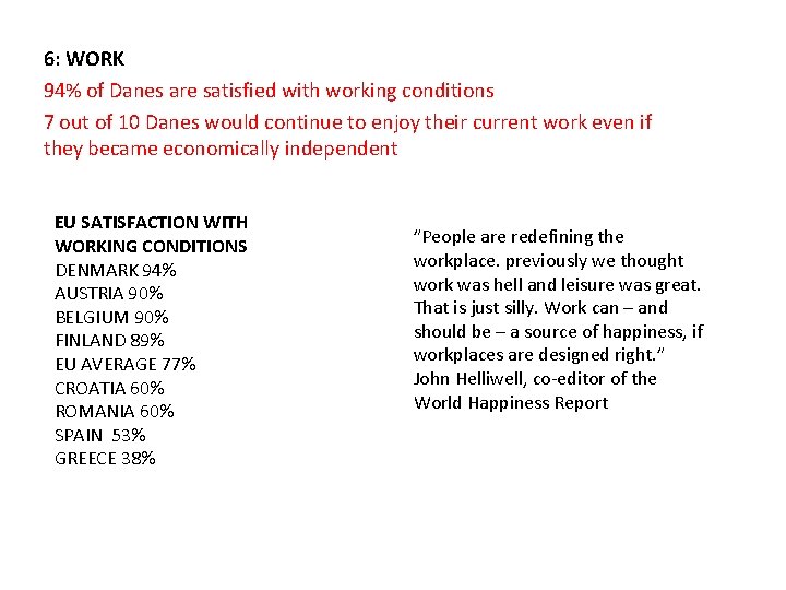 6: WORK 94% of Danes are satisfied with working conditions 7 out of 10