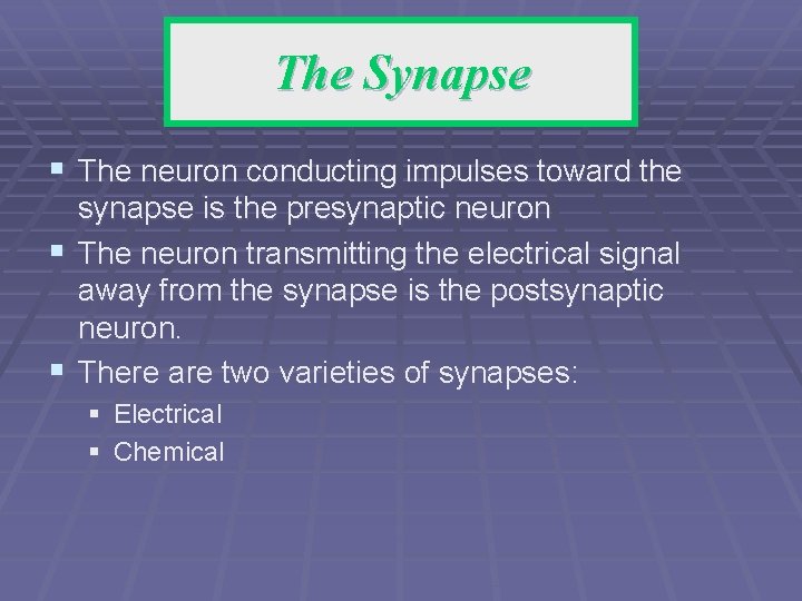 The Synapse § The neuron conducting impulses toward the synapse is the presynaptic neuron