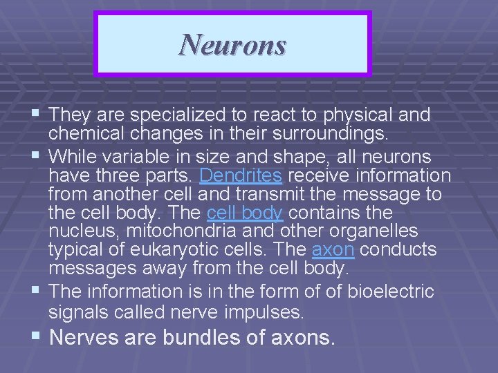 Neurons § They are specialized to react to physical and § § chemical changes