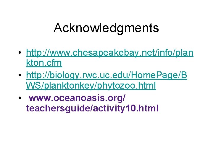 Acknowledgments • http: //www. chesapeakebay. net/info/plan kton. cfm • http: //biology. rwc. uc. edu/Home.