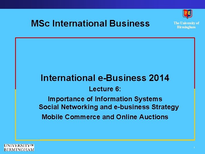 MSc International Business The University of Birmingham International e-Business 2014 Lecture 6: Importance of