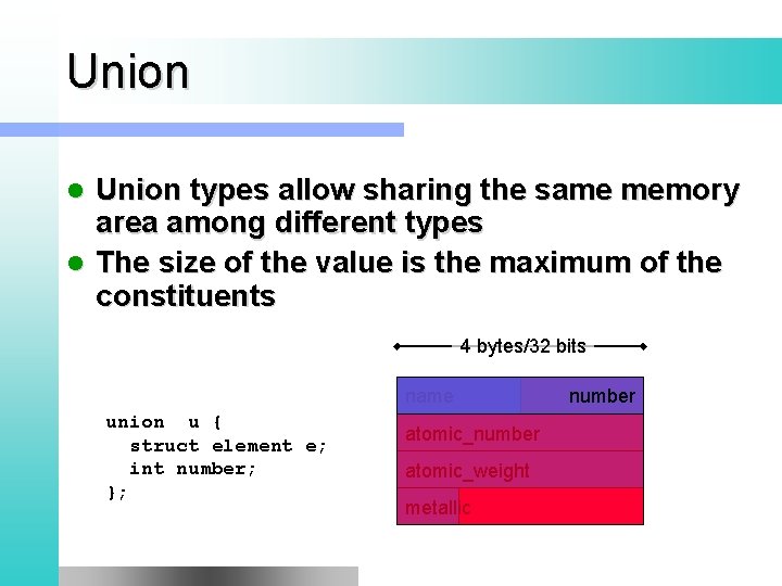 Union types allow sharing the same memory area among different types l The size