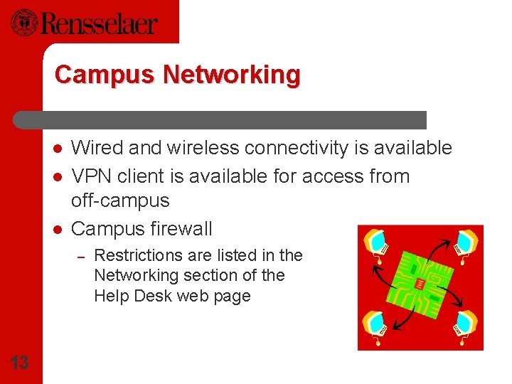 Campus Networking l l l Wired and wireless connectivity is available VPN client is