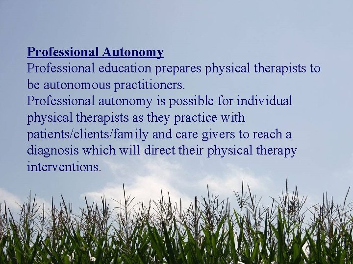 Professional Autonomy Professional education prepares physical therapists to be autonomous practitioners. Professional autonomy is