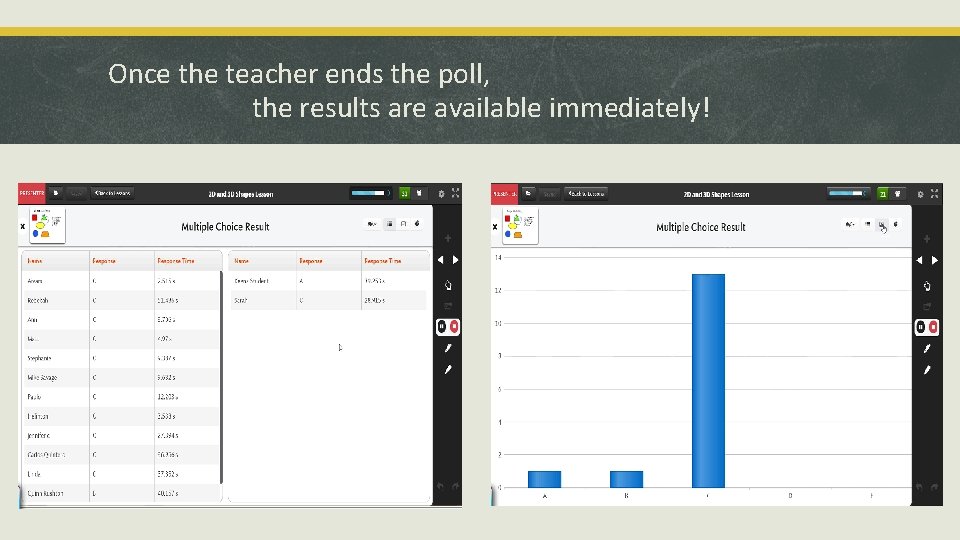 Once the teacher ends the poll, the results are available immediately! 