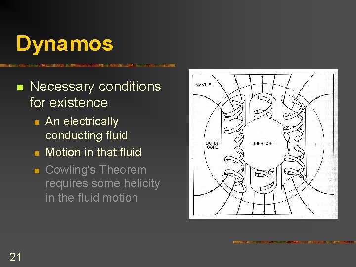 Dynamos n Necessary conditions for existence n n n 21 An electrically conducting fluid