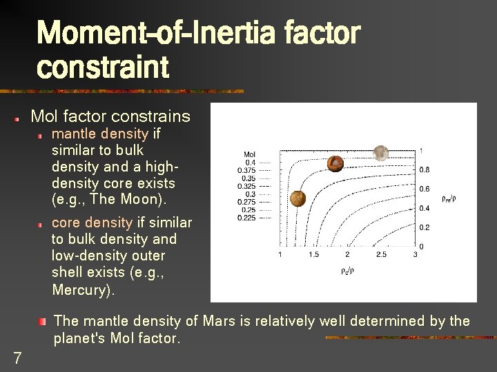 Moment-of-Inertia factor constraint Mo. I factor constrains mantle density if similar to bulk density