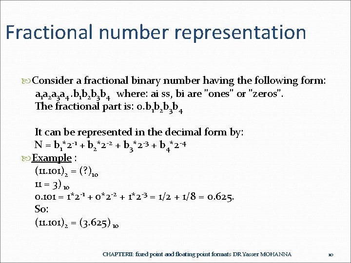  Fractional number representation Consider a fractional binary number having the following form: a