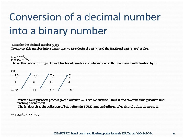 Conversion of a decimal number into a binary number Consider the decimal number 5.