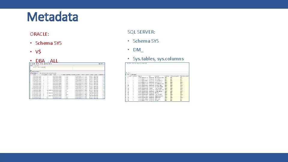 Metadata ORACLE: SQL SERVER: • Schema SYS • V$ • DM_ • DBA_, ALL_