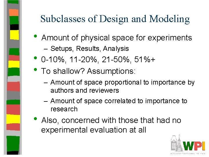 Subclasses of Design and Modeling • Amount of physical space for experiments – Setups,