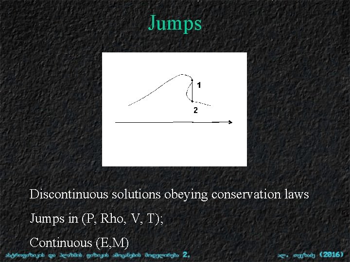 Jumps Discontinuous solutions obeying conservation laws Jumps in (P, Rho, V, T); Continuous (E,