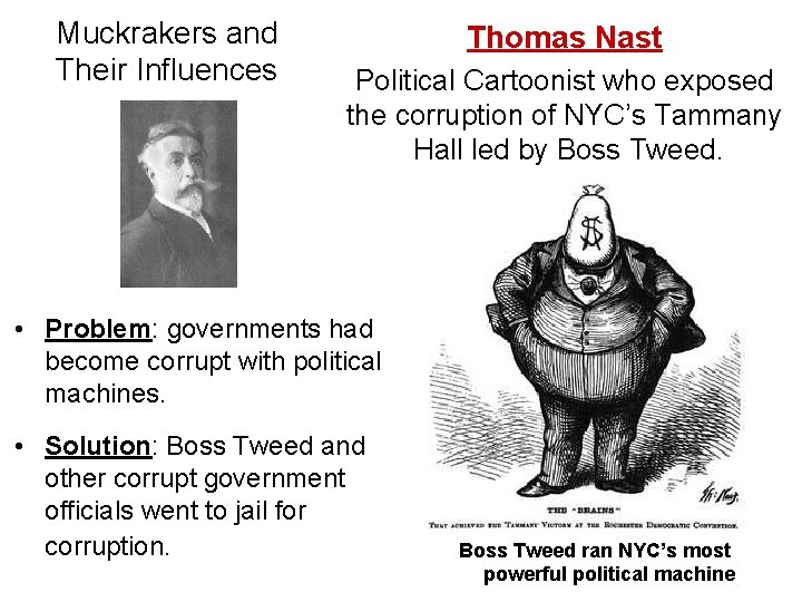 Muckrakers and Their Influences Thomas Nast Political Cartoonist who exposed the corruption of NYC’s