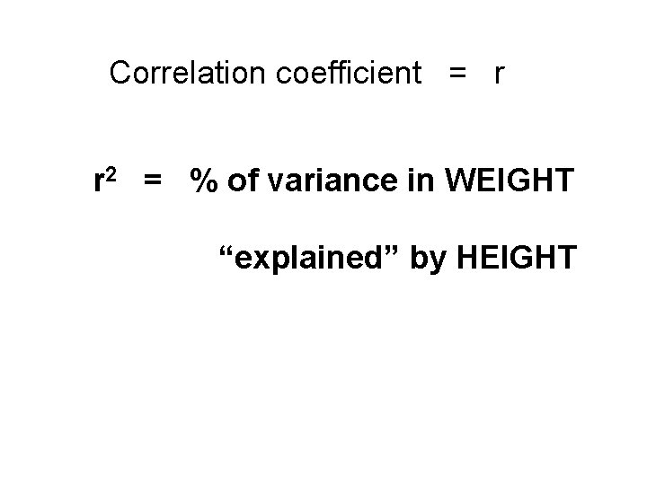 Correlation coefficient = r r 2 = % of variance in WEIGHT “explained” by