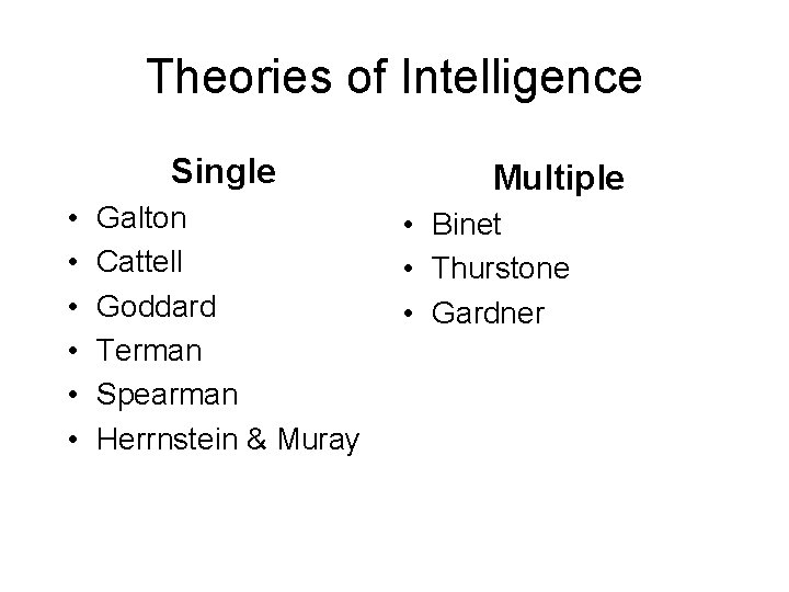 Theories of Intelligence Single • • • Galton Cattell Goddard Terman Spearman Herrnstein &