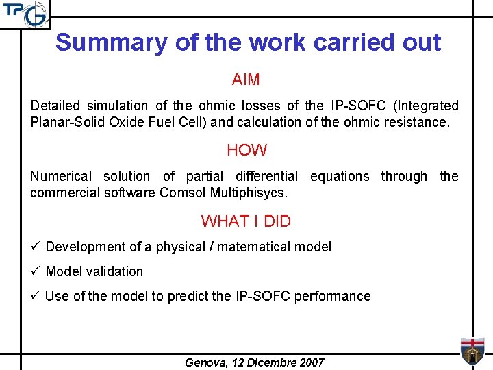 Summary of the work carried out AIM Detailed simulation of the ohmic losses of