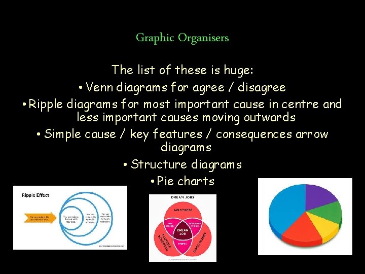 Graphic Organisers The list of these is huge: • Venn diagrams for agree /