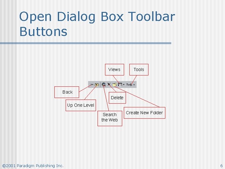 Open Dialog Box Toolbar Buttons Views Tools Back Delete Up One Level Search the