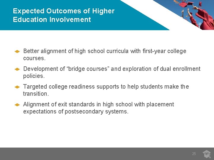 Expected Outcomes of Higher Education Involvement Better alignment of high school curricula with first-year