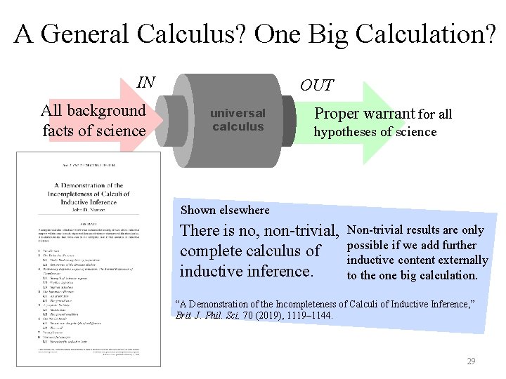 A General Calculus? One Big Calculation? IN All background facts of science OUT universal