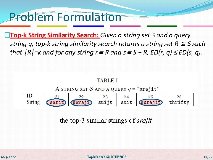 Problem Formulation �Top-k String Similarity Search: Given a string set S and a query
