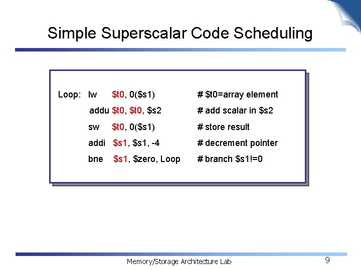 Simple Superscalar Code Scheduling Loop: lw $t 0, 0($s 1) # $t 0=array element