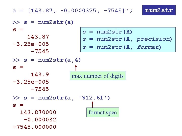 a = [143. 87, -0. 0000325, -7545]'; num 2 str >> s = num