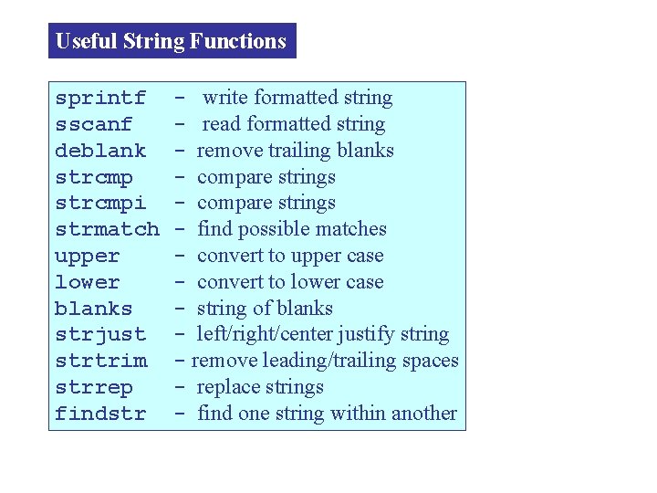 Useful String Functions sprintf sscanf deblank strcmpi strmatch upper lower blanks strjust strtrim strrep
