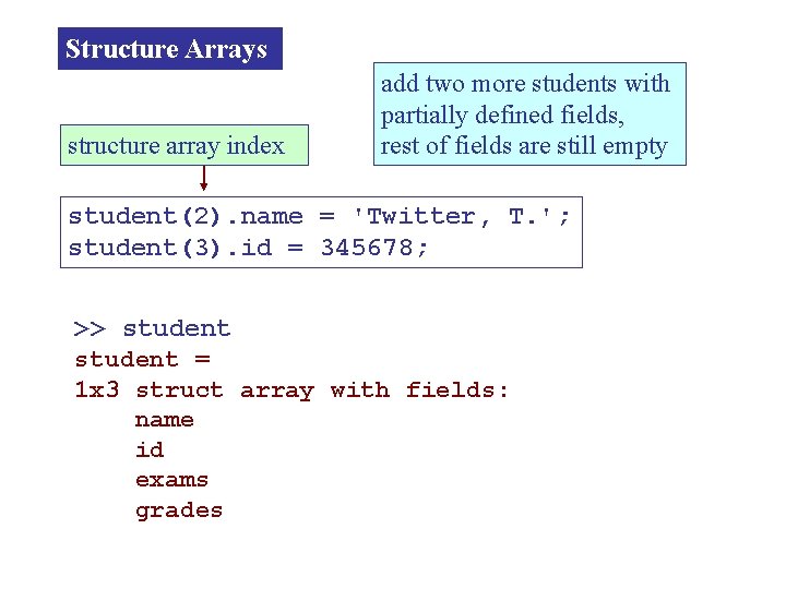 Structure Arrays structure array index add two more students with partially defined fields, rest