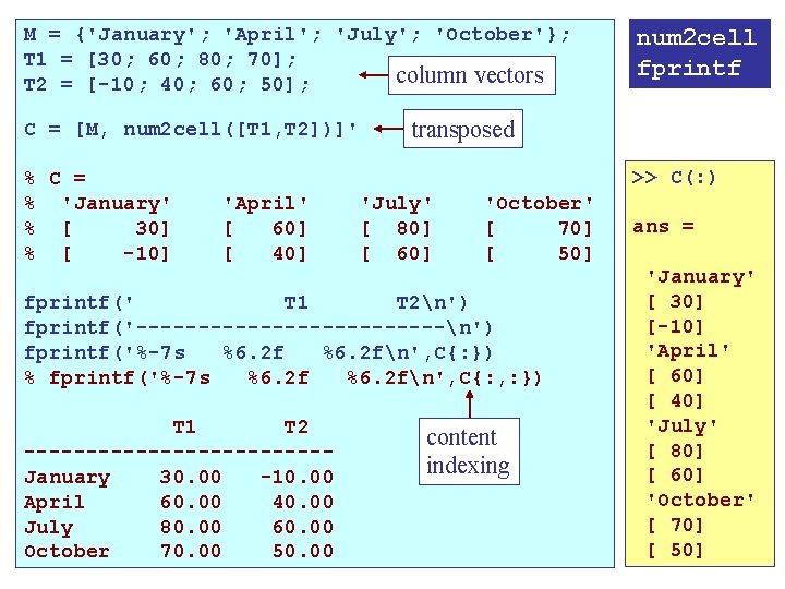 M = {'January'; 'April'; 'July'; 'October'}; T 1 = [30; 60; 80; 70]; column