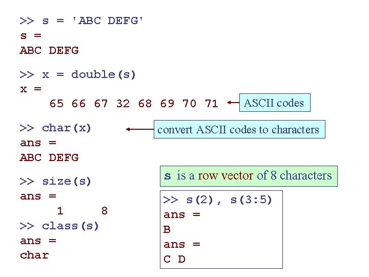 >> s = 'ABC DEFG' s = ABC DEFG >> x = double(s) x