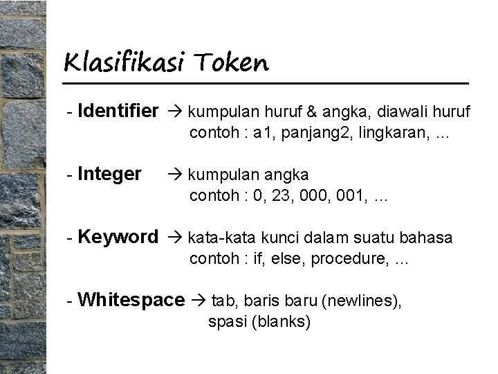 Klasifikasi Token - Identifier kumpulan huruf & angka, diawali huruf contoh : a 1,