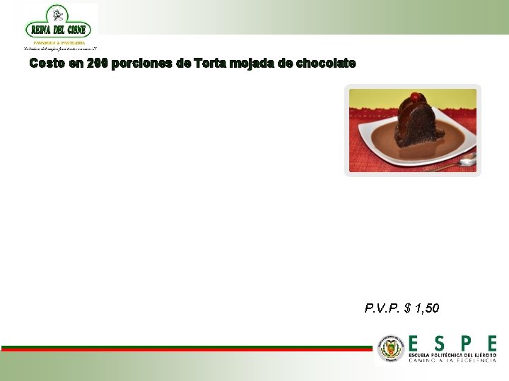 Costo en 200 porciones de Torta mojada de chocolate P. V. P. $ 1,
