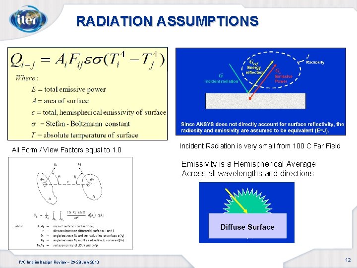 RADIATION ASSUMPTIONS All Form / View Factors equal to 1. 0 Incident Radiation is