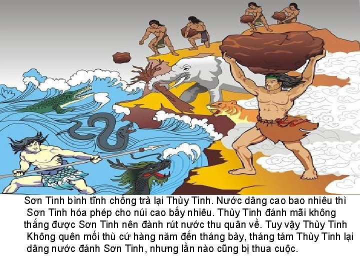 Sơn Tinh bình tĩnh chống trả lại Thủy Tinh. Nước dâng cao bao nhiêu