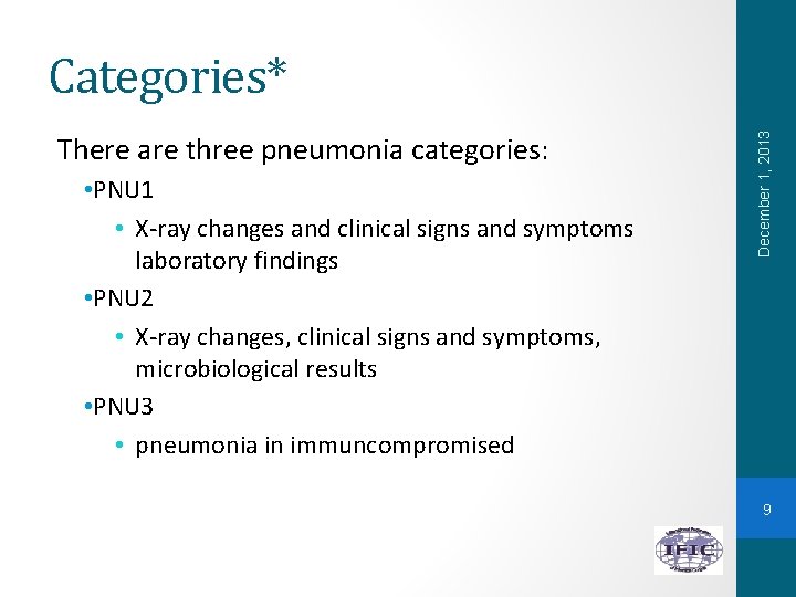 There are three pneumonia categories: • PNU 1 • X-ray changes and clinical signs