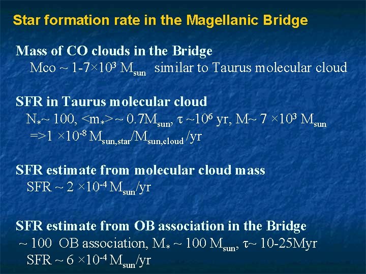 Star formation rate in the Magellanic Bridge Mass of CO clouds in the Bridge