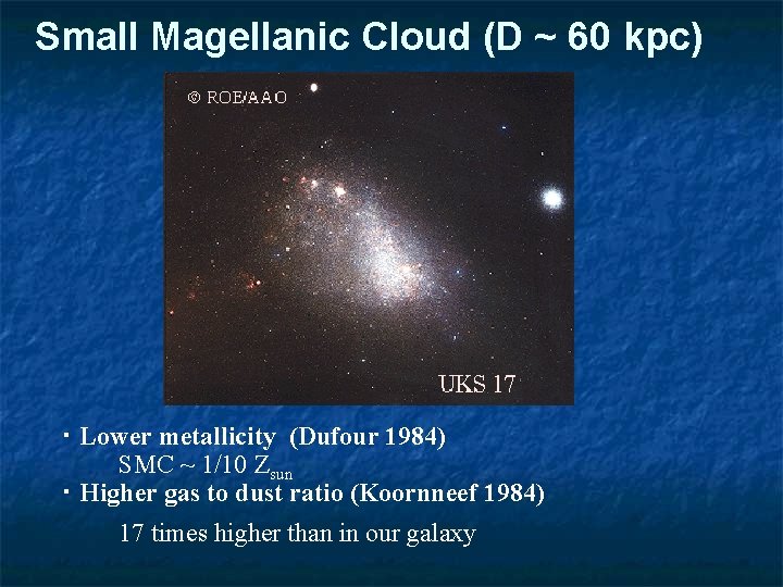 Small Magellanic Cloud (D ~ 60 kpc) ・Lower metallicity (Dufour 1984) 　SMC ~ 1/10
