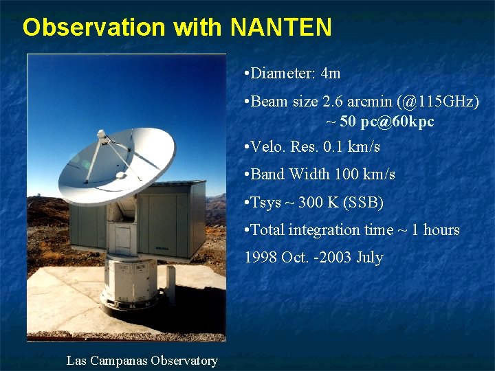 Observation with NANTEN • Diameter: 4 m • Beam size 2. 6 arcmin (@115