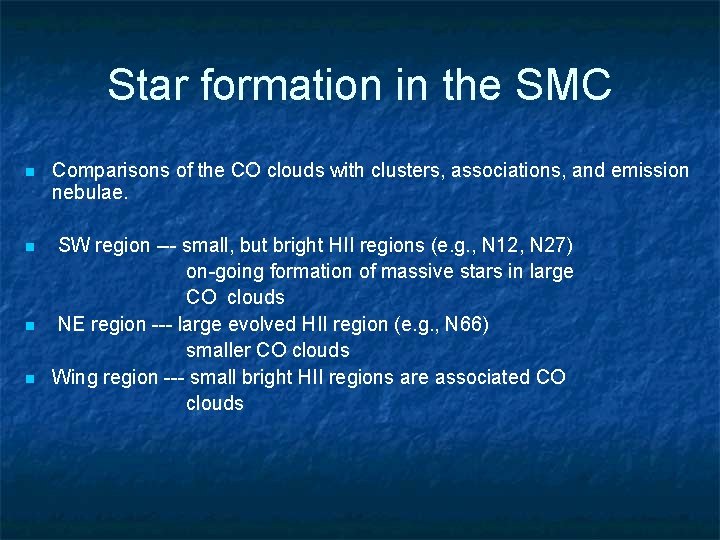 Star formation in the SMC n Comparisons of the CO clouds with clusters, associations,