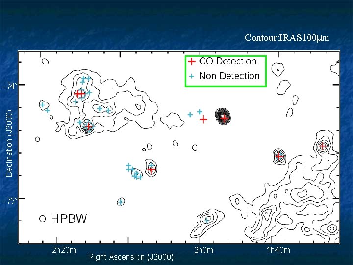 Contour: IRAS 100μm Declination (J 2000) -74° -75° Contour: IRAS 100μm 2 h 20