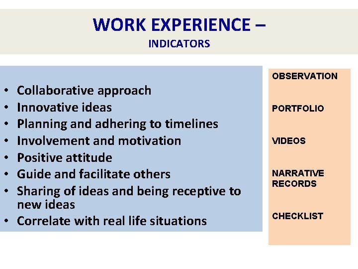 WORK EXPERIENCE – INDICATORS OBSERVATION Collaborative approach Innovative ideas Planning and adhering to timelines WORK EXPERIENCE – INDICATORS OBSERVATION Collaborative approach Innovative ideas Planning and adhering to timelines