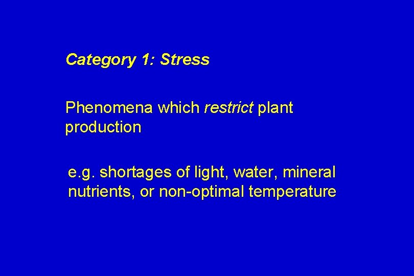 Category 1: Stress Phenomena which restrict plant production e. g. shortages of light, water,