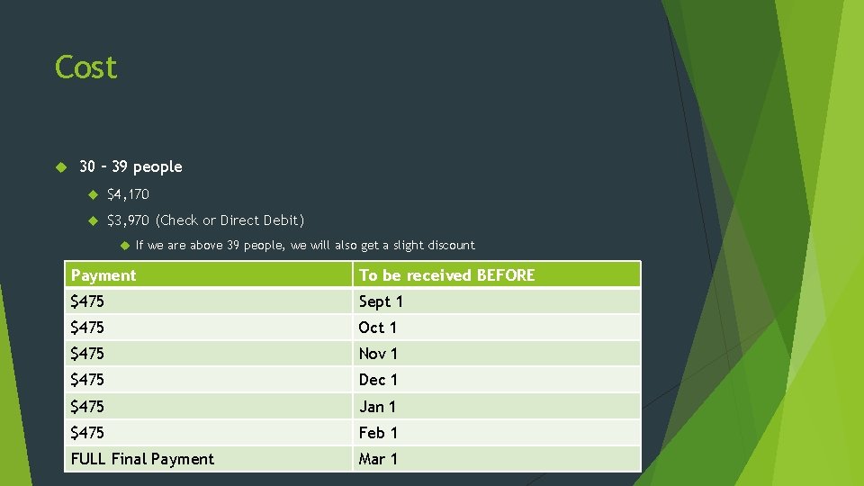 Cost 30 – 39 people $4, 170 $3, 970 (Check or Direct Debit) If Cost 30 – 39 people $4, 170 $3, 970 (Check or Direct Debit) If