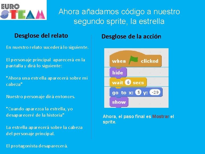 Ahora añadamos código a nuestro segundo sprite, la estrella Desglose del relato Desglose de